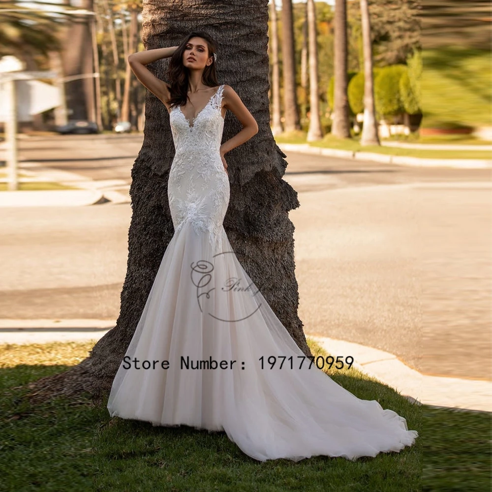 

Fashion V Neck Mermaid V Neck Wedding Dresses For Women Sleeveless Bridal Appliques Lace Elegant Gowns Court Train Button Back