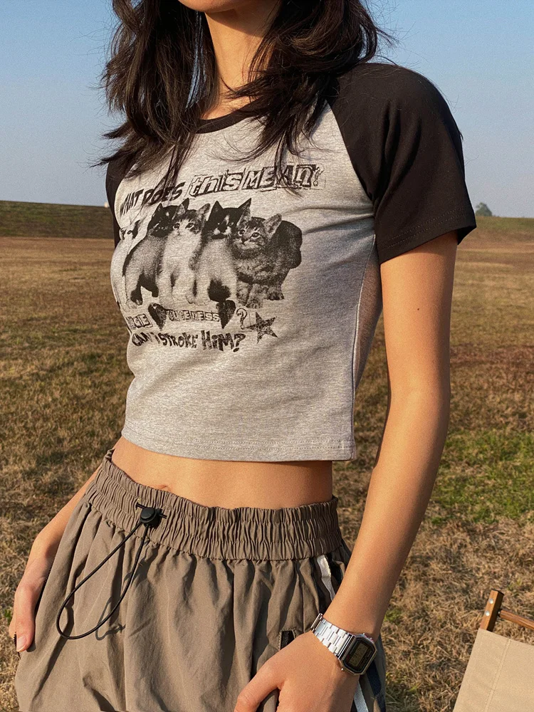 

American Street Cat Print Women Tshirts Short T-shirt Female Niche Design Raglan Short Sleeves Crop Tops Retro Pullovers Tees