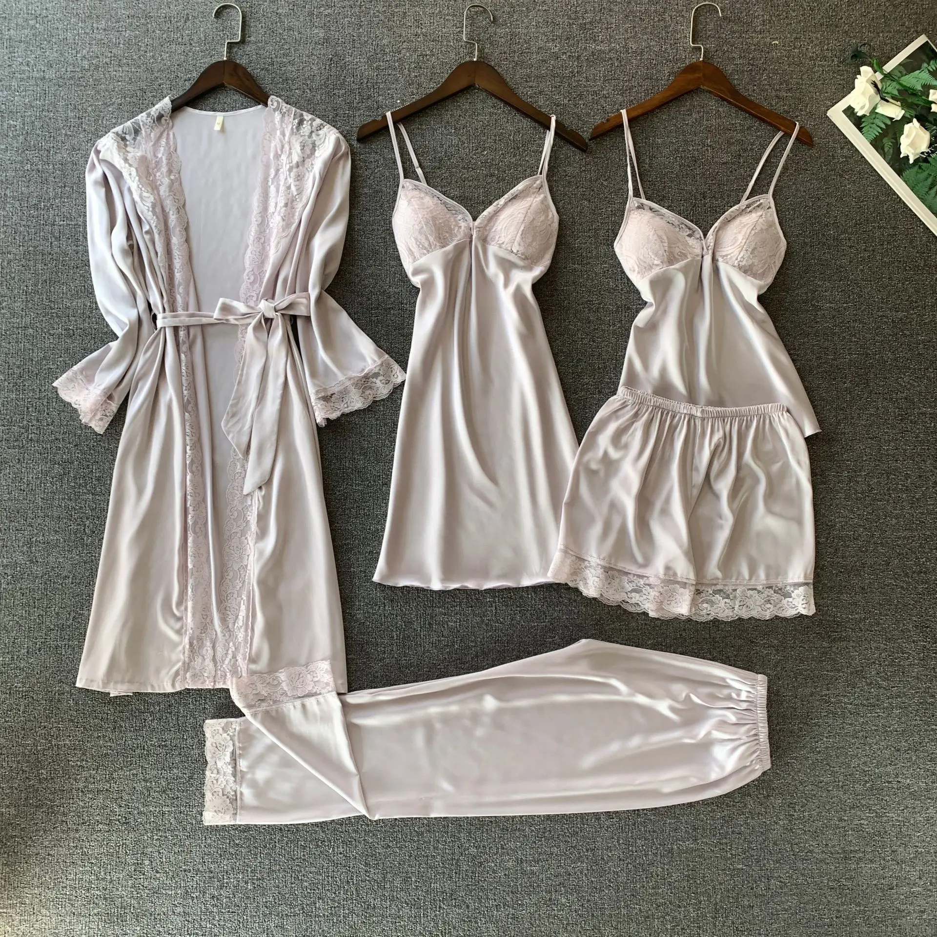 Ice silk pajamas women's spring and autumn sexy five-piece set lace suspender pajamas home clothes long-sleeved nightgown