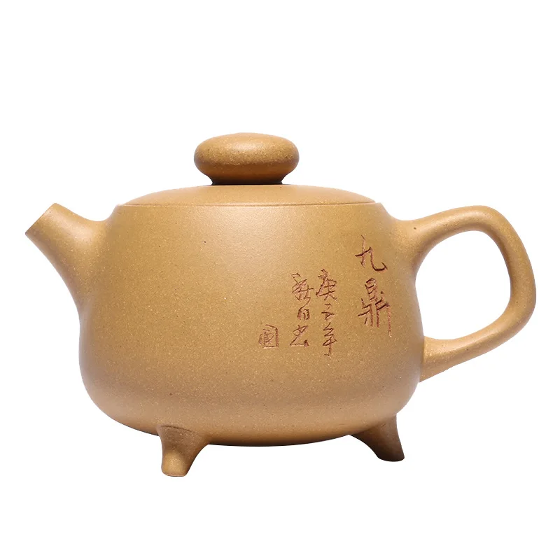 

Глиняный заварочный чайник Jiuding с золотым отсеком и тремя ножками, заварочный чайник из исинской глины ручной работы, чайник кунг-фу из фиолетовой глины, посуда для напитков