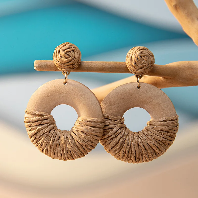 

Bohemian Vacation Style Woven Earrings for Women 2023 New Fashion Lafite Pure Handwoven Ear Jewelry