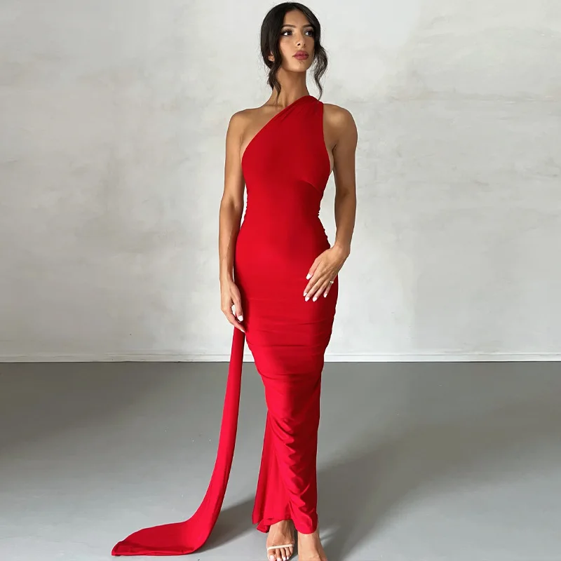 

Dress For Women Oblique Shoulder Backless Maxi Dress Gown Summer Back Strap Sleeveless Ruched Party Sexy Long Dress Vestido Robe