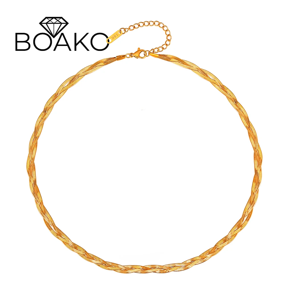 

BOAKO European And American Necklaces Three Strand Braided Crisscross Flat Snake Chain Simple Vintage Stainless Steel Necklace