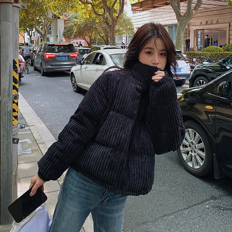 2023 New Winter Corduroy Short Jacket Women Korean Style Thick Zipper Cotton Parkas Woman Stand Collor Warm Outwear Bubble Coats