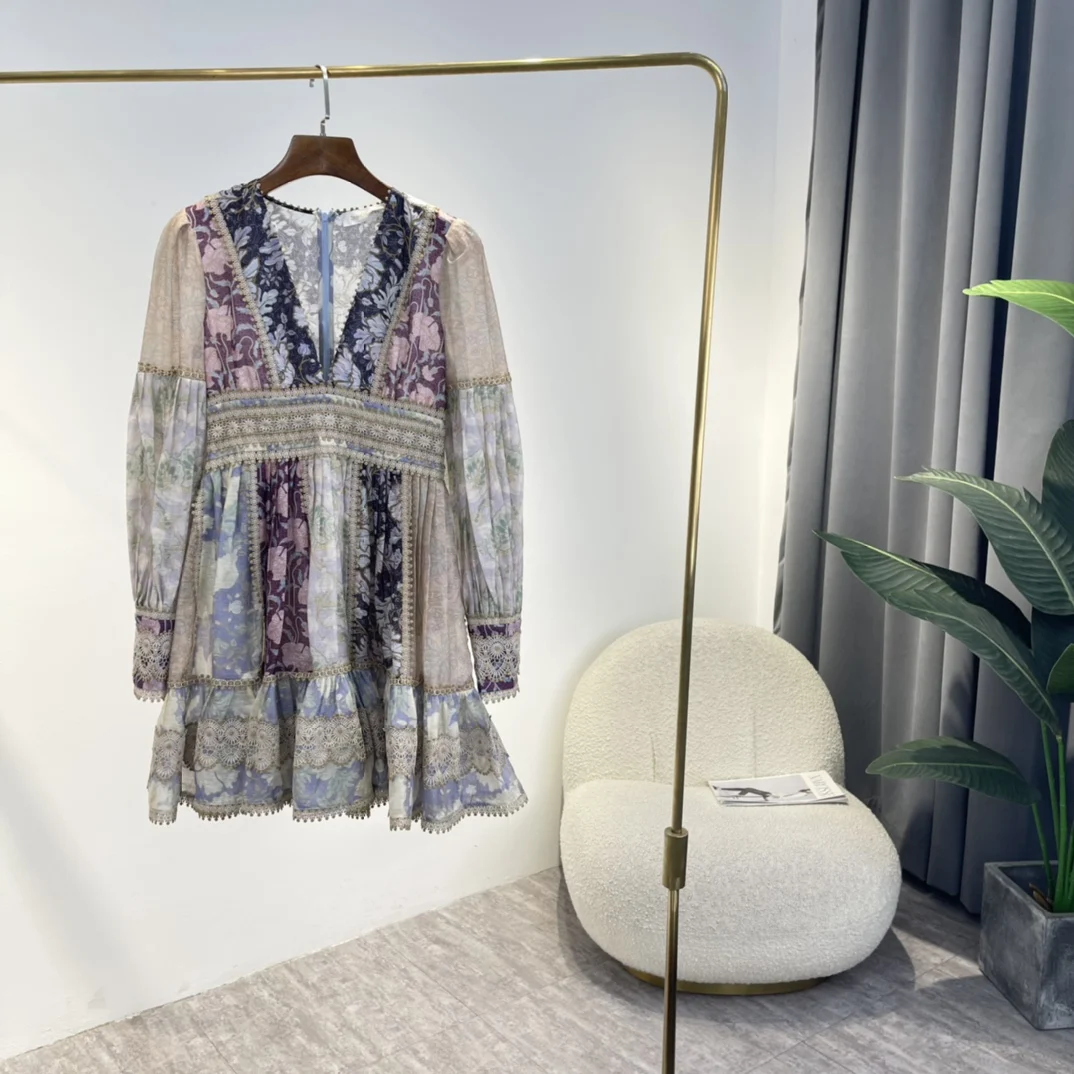 

2022 High Quality Summer Silk Linen Purple Blue Baroque Floral Print Embroidery Golden Trim High Waist Mini Vintage Dress Women