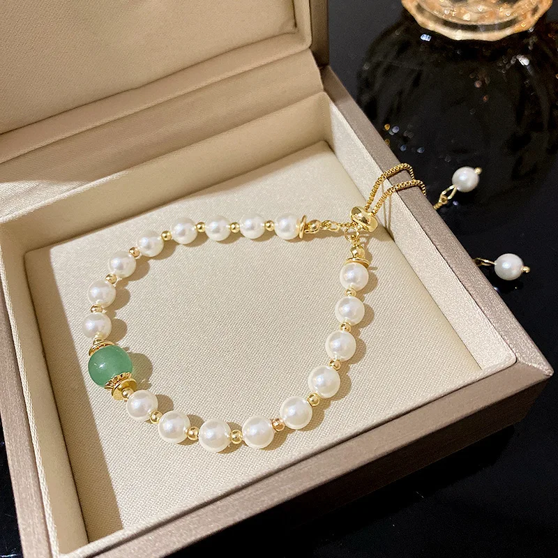 

2023 New Trending Kppo Vintage Emerald Chalcedony Pull-out Type Pearl Bracelet for Women Fashion Dainty Jewelry Gift