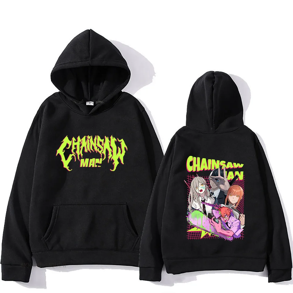 Japanese Manga Chainsaw Man Hoodie Anime Makima Power Denji Men Fashion Sweatshirt Streetwear Double Sided Print Pullover