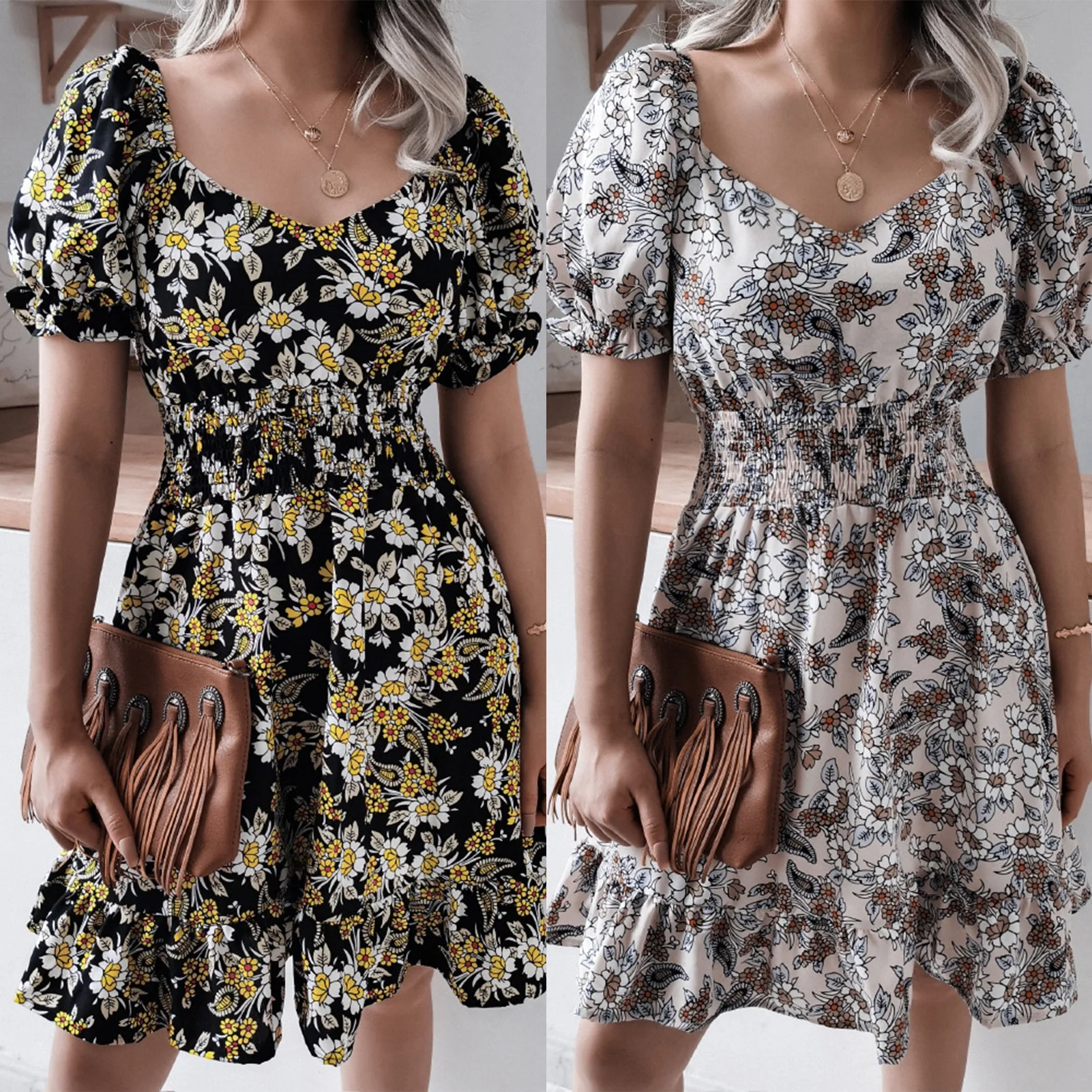 

Женское платье с цветочным принтом, V-образным вырезом и коротким рукавом