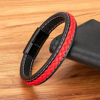 Black & Red Braided Rope Leather Bracelet 3