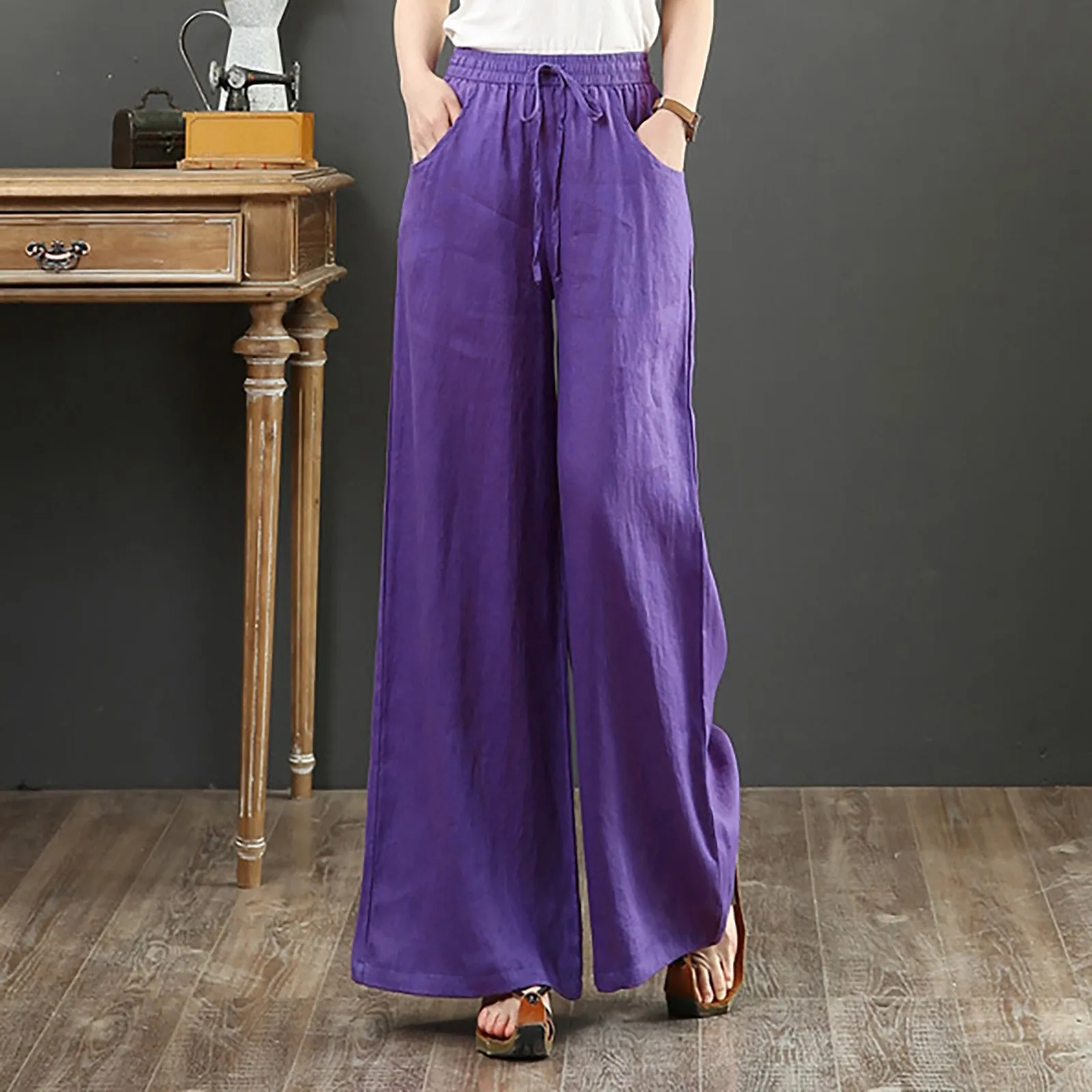 2023 Spring New Linen Loose Casual Wide Leg Trousers Elastic-waisted Floor-length Straight-leg Pants Streetwear Oversize Pants