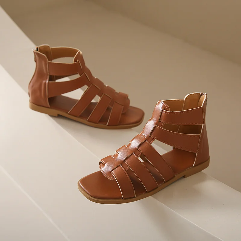 Women Solid Casual Retro Flat Sandals Vacation Outdoor Gladiator Zipper Sandals Summer hollow out Elegant PU Leather White Shoes