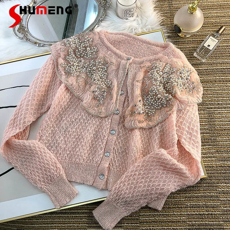 

Женский вязаный кардиган с бусинами, элегантный свитер в классическом французском стиле с воротником-куклой, пальто для ранней осени, 2022