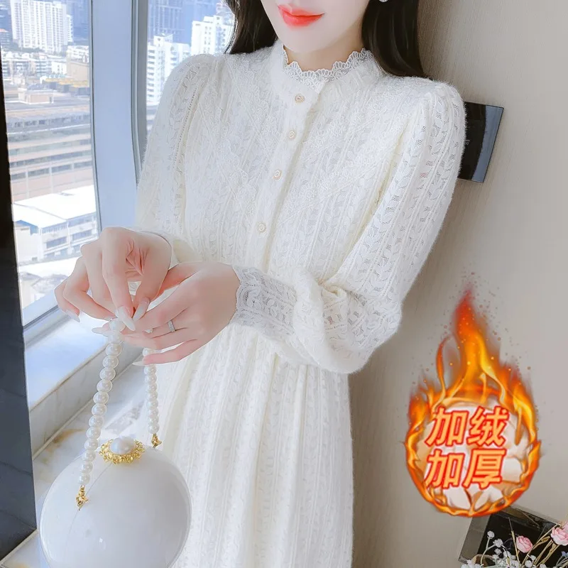 

Элегантное модное кружевное платье с воротником-стойкой на осень и зиму, женские темпераментные платья с высокой талией и длинным рукавом, женская одежда, платье