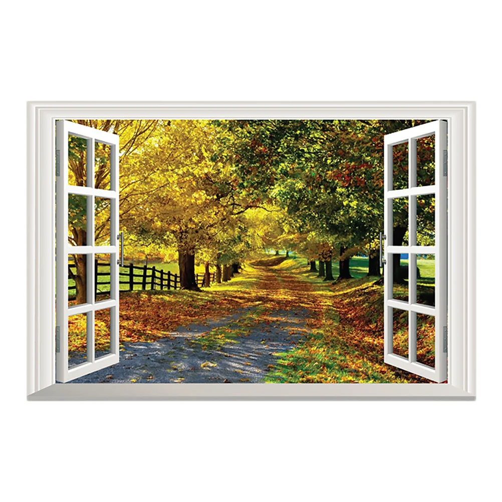 

Window Sticker Wall 3D Faux Landscape Decals Fake Scenery View Decal Forest Windows Stickers Decor Wallpaper Trees Green Tree