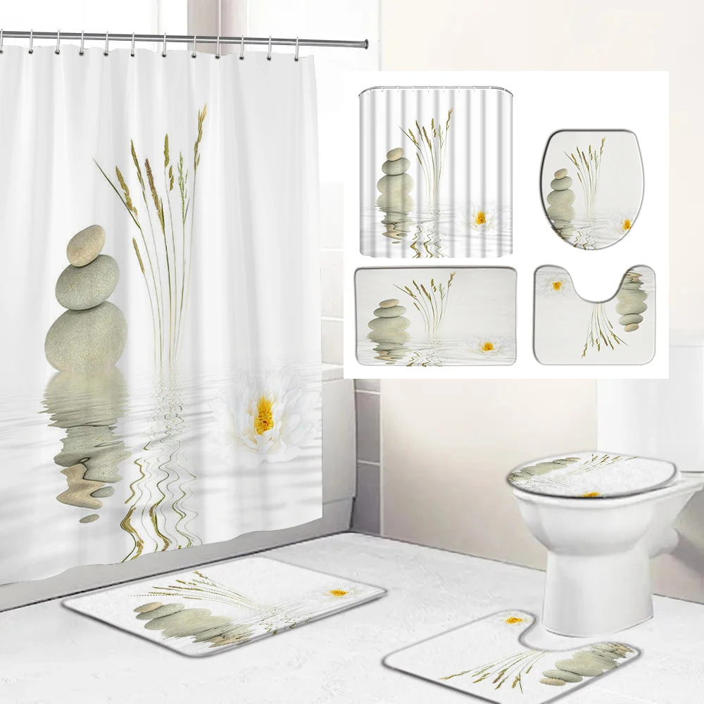 

Flowers Zen Stone Shower Curtain Sets with Non-Slip Rugs Toilet Lid Cover and Bath Mat Waterproof Bathroom Curtains Home Decor