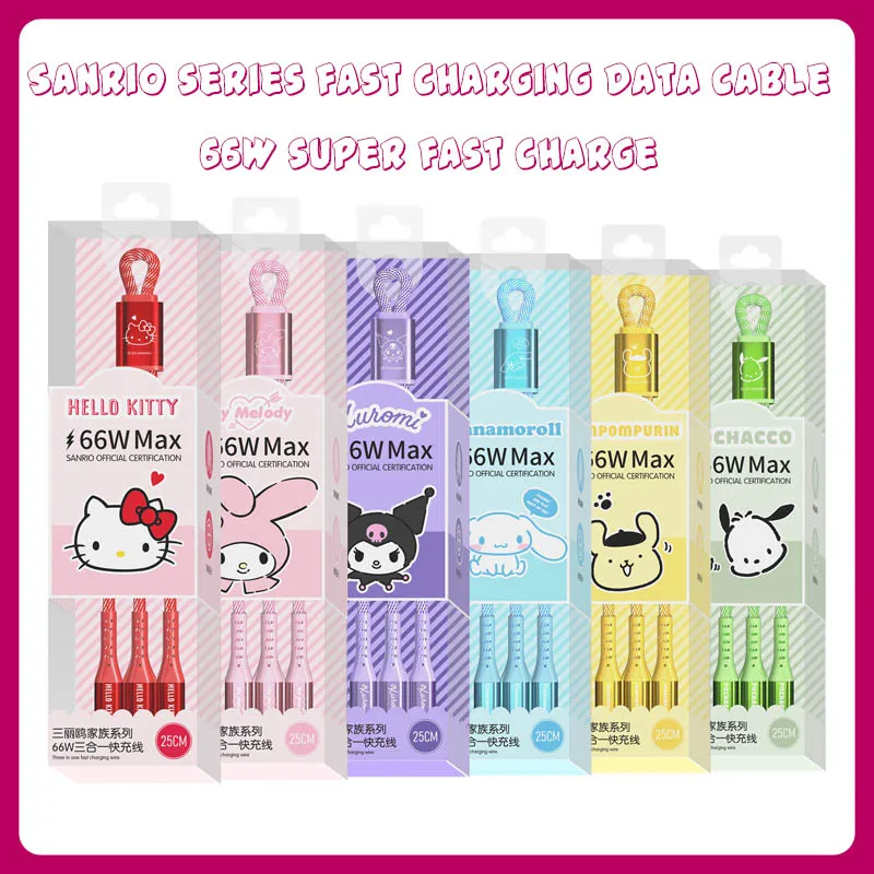 

Kawaii Sanrio Hello Kitty Kuromi Cinnamoroll Anim Type-C Micro Usb Lightning 66W Fast Charge Data Line Portable Digital Around