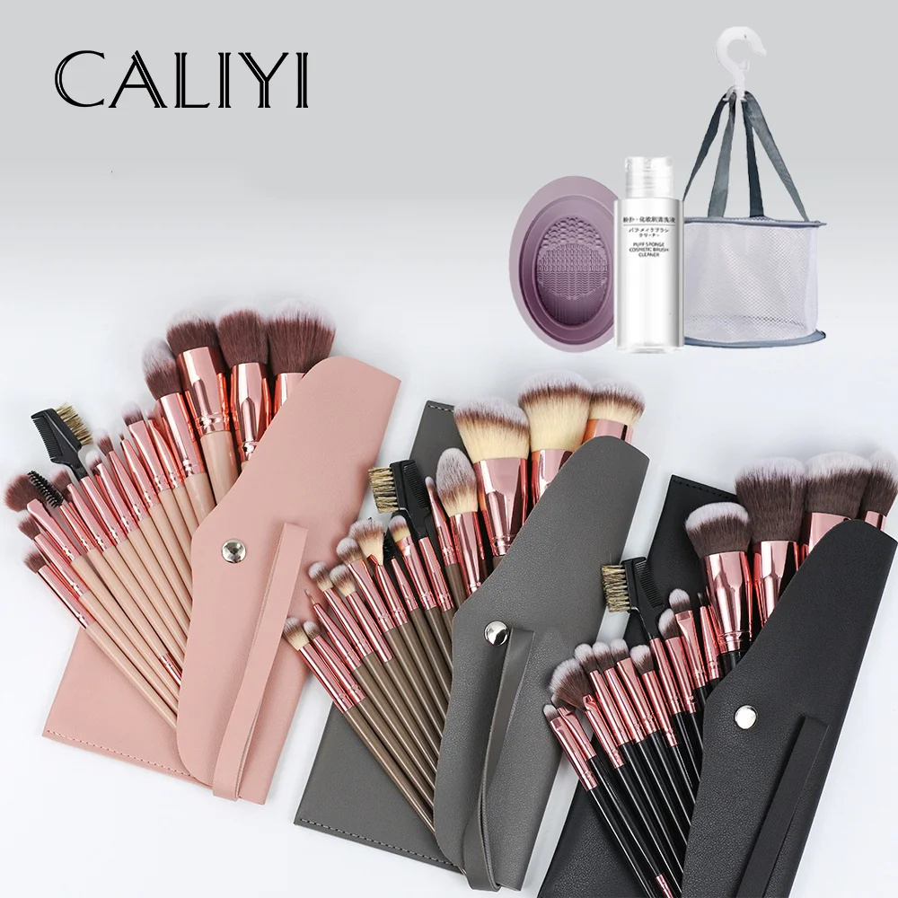 

CALIYI 15PCS Makeup Brushes With Bag Cleaning Tools Cosmetic Powder Contour Blush Highlight Eye Nose Shadow Eyebrow Lip Make Up