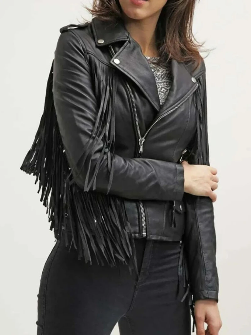 Women Black Leather Fringed Jacket Black Leather Tassel Coat Motorcycle Leather Outwear