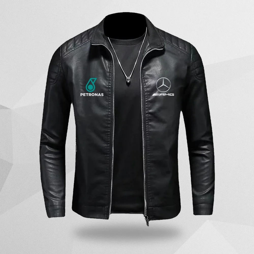 Мужская модная деловая односекционная кожаная куртка Mercedes Benz на молнии