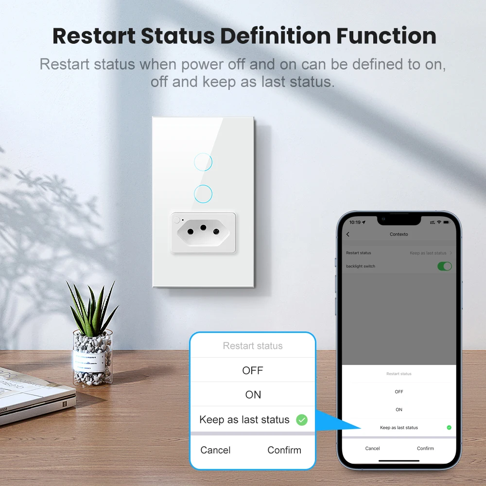Выключатель и розетка AVATTO Tuya с Wi-Fi стандарт Бразилии 4X2 стеклянная панель 1/2