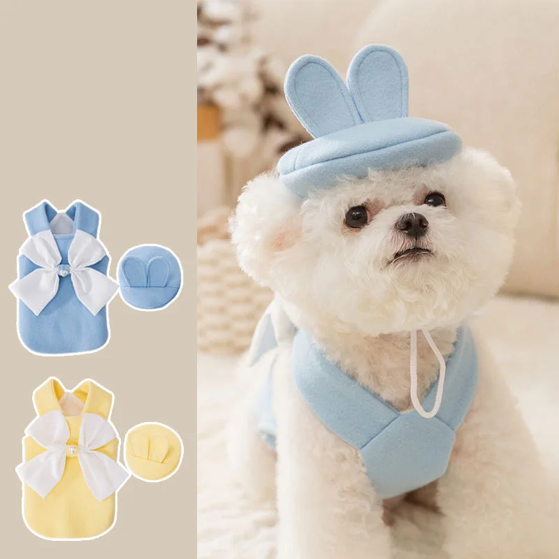 

New Autumn and Winter Pet Strap Skirt Beautiful Bow Dog Vest Cute Dog Beret Set Teddy Fashion Clothing