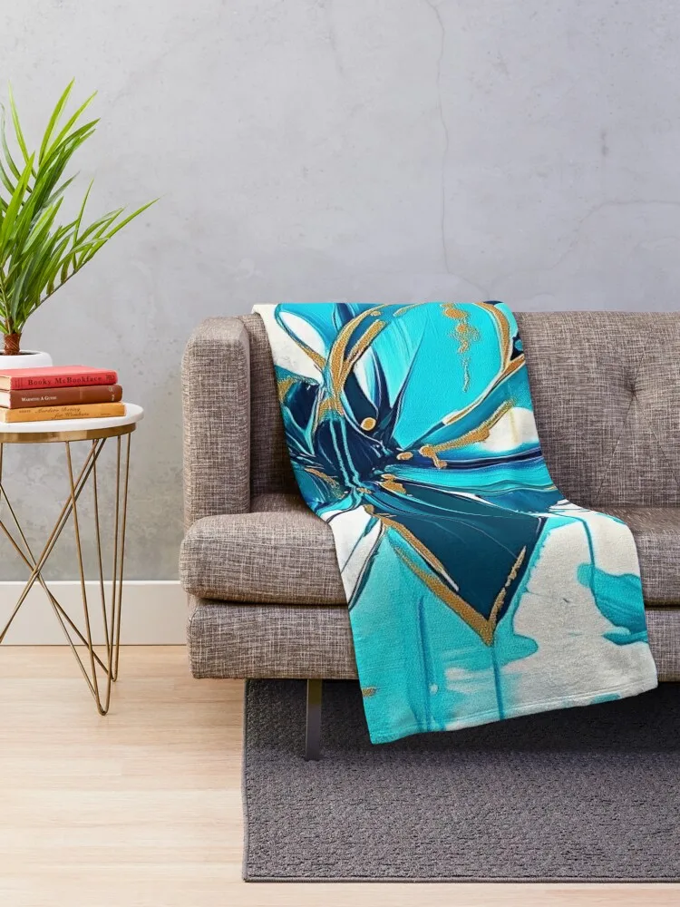 Абстрактная сине-белая цветочная картина с золотыми акцентами - футуристическое