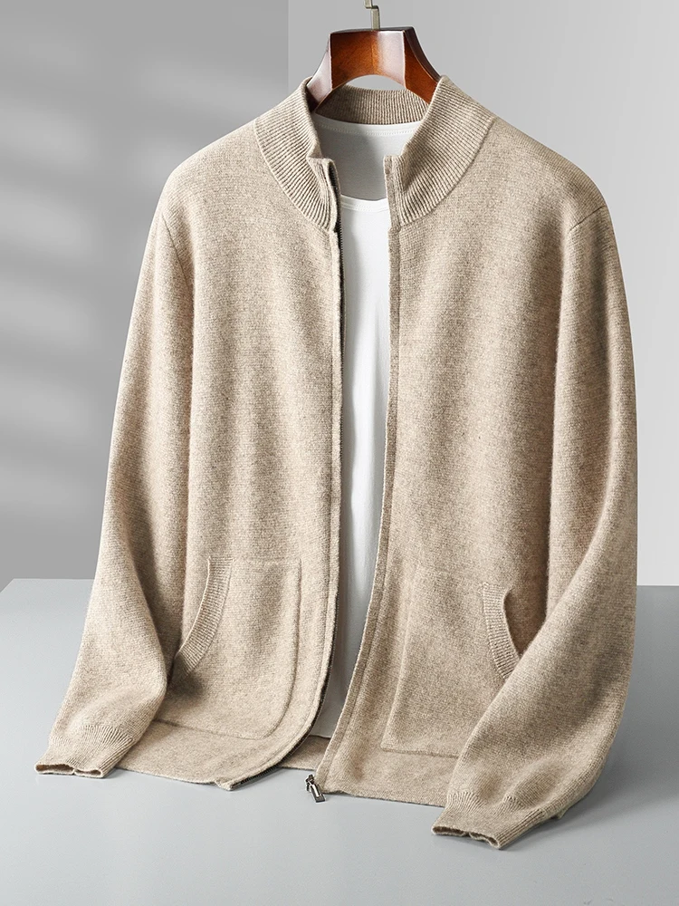 Осенне-зимний мужской кардиган на молнии трикотажный свитер из 100% мериносовой