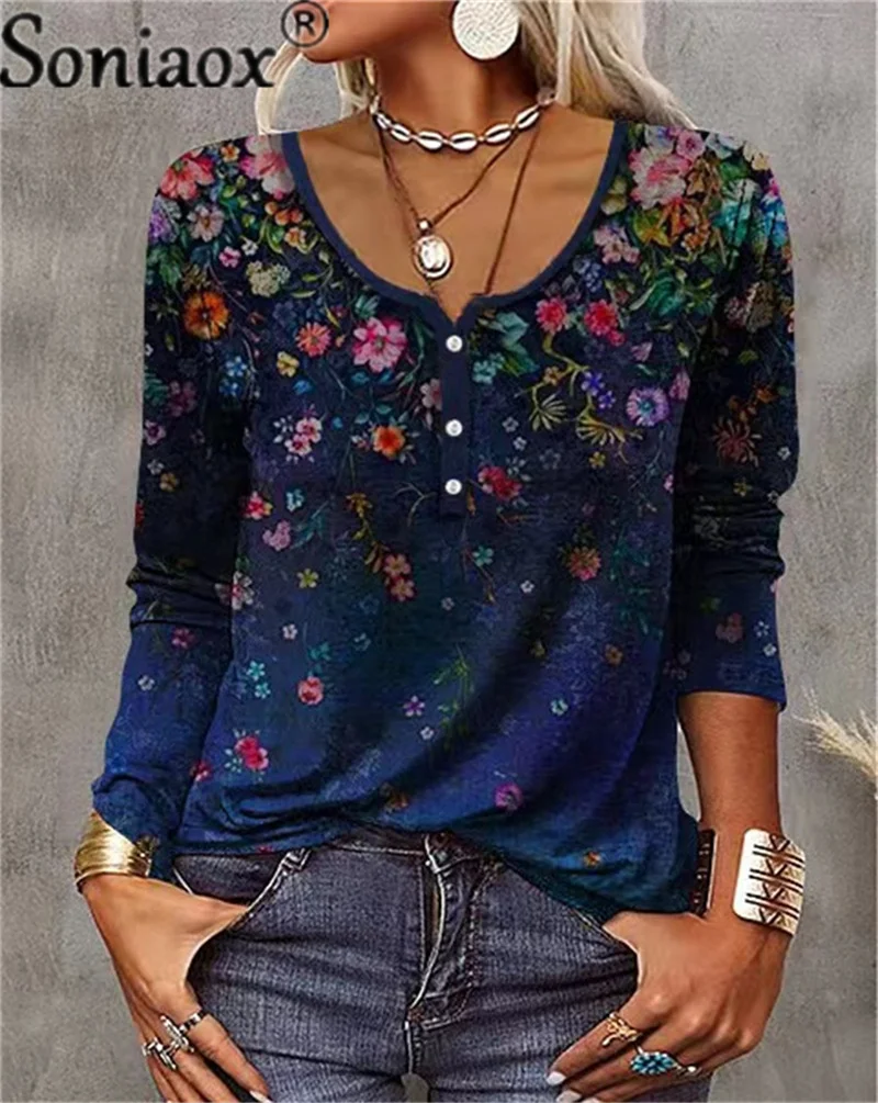 

Vintage Flower Mang Button U Collar T-shirt Women Elegant Casual Pullover Tees Autumn Commuter Loose Splicing Long Sleeves Tops