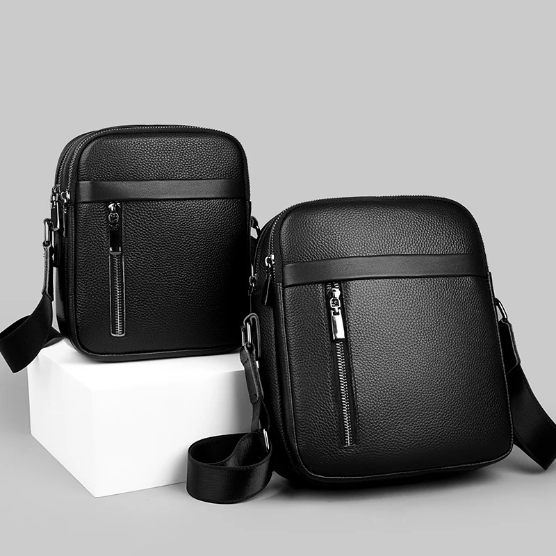 Высококачественные однотонные мужские сумки из натуральной кожи через плечо