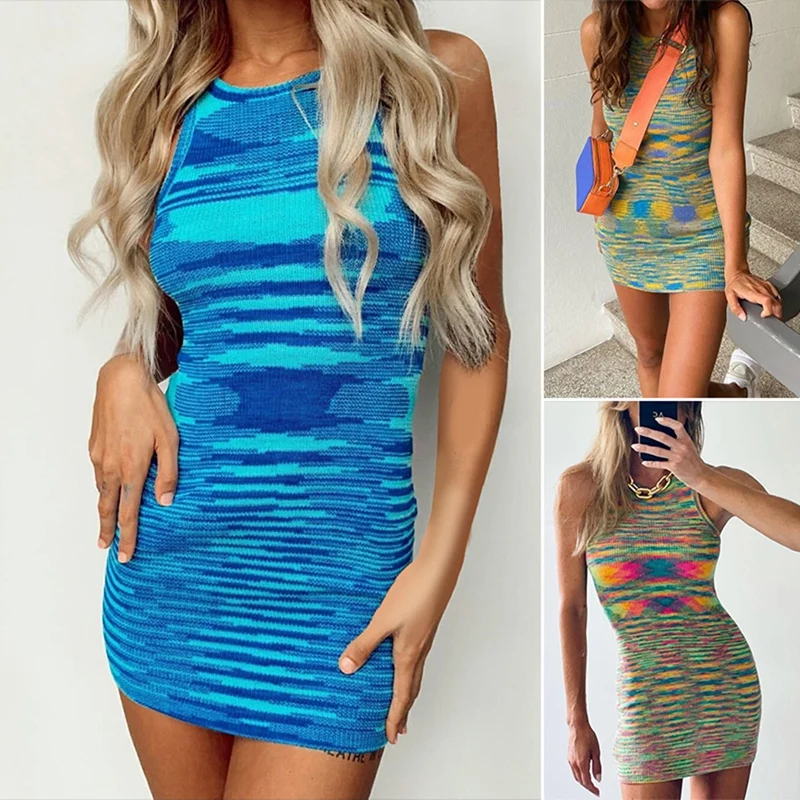 

Женское трикотажное мини-платье в рубчик, летнее платье без рукавов