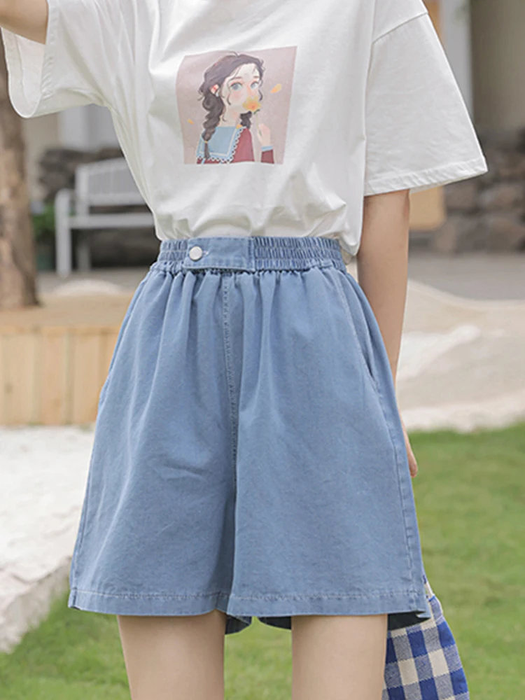 New Spring Summer Women High Waist Loose Retro Denim Shorts Streetwear Female Elastic Button Jeans Shorts Bottoms