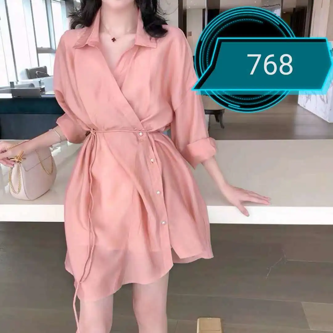 

Summer new mid-length shirt style skirt and suspender skirt two-piece women's loose waist casual two-piece set