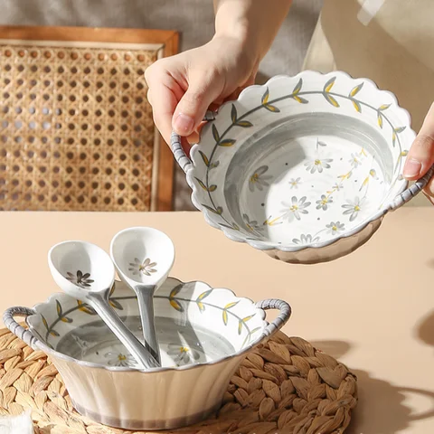 Домашняя миска для лапши с ручной росписью, 6,8 дюйма, керамическая миска для супа, японская миска для салата, пасты с ручкой, кухонная посуда