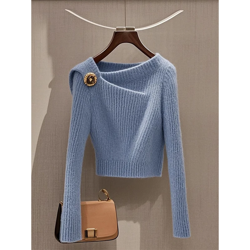 Осень 2024 новинка облегающий короткий дизайнерский свитер с наклонными плечами