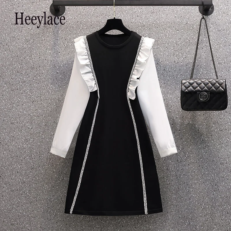 

Женское элегантное офисное платье размера плюс, весеннее лоскутное платье с длинным рукавом, высокой талией и оборками, винтажное шифоново...