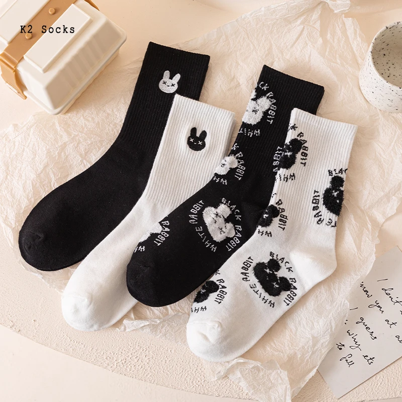 

Ins Kawaii Rabbit Bear Embroidery Stocking Cotton Female Harajuku White Black All-matching Fashion Cute Student Long Women Socks