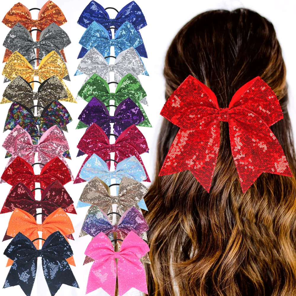 18*19 CM Big Girls Ribbon Cheerleading Hair Bows with Sequin Beads Kids Bowknot Ponytail Holder Women Elastic Hair Tie