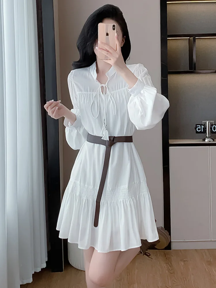 Французское осеннее повседневное однотонное женское платье Белый шикарный