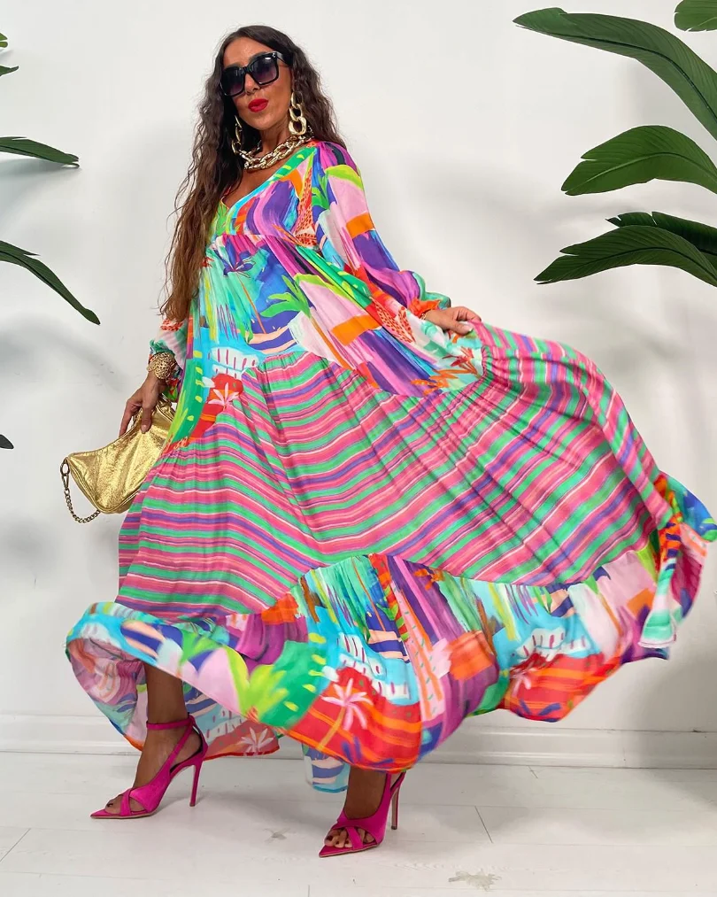

2023 Spring Summer African Women Long Sleeve V-neck Printing Long Dress Maxi Dress Dashiki African Dresses for Women XS-3XL
