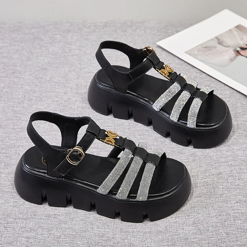 CICIYANG Women's Sandals Summer Genuine Leather 2023 New Chunky Platform Wedge Roman Sandal Ladies T-strap Outdoor Sandals Green