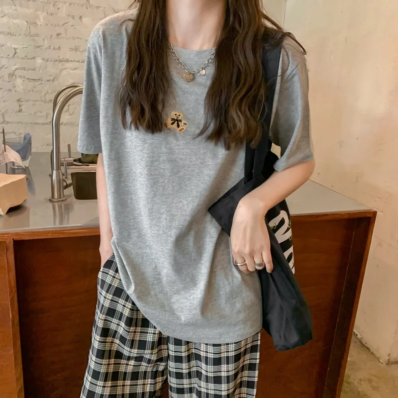 

4 Sizse Cartoon Bear Printed Japanese Style Short Sleeve All Match Simple Summer 2022 New Women Top T-shirts