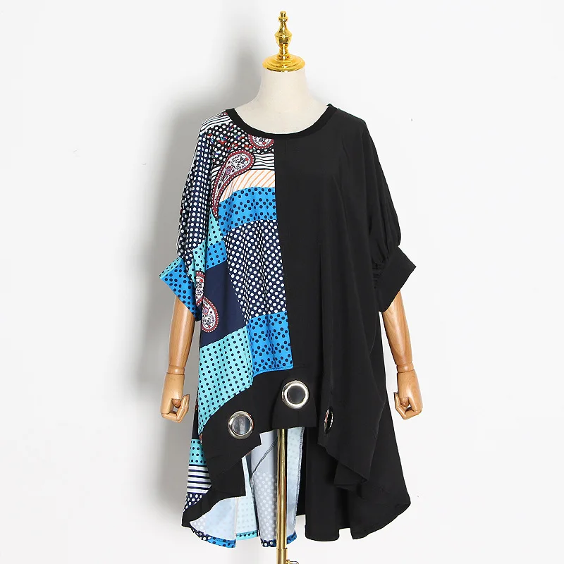 

SuperAen Loose Oversized 2022 Spring O Neck Color Matching Printing Short Sleeve Irregular Dress for Women