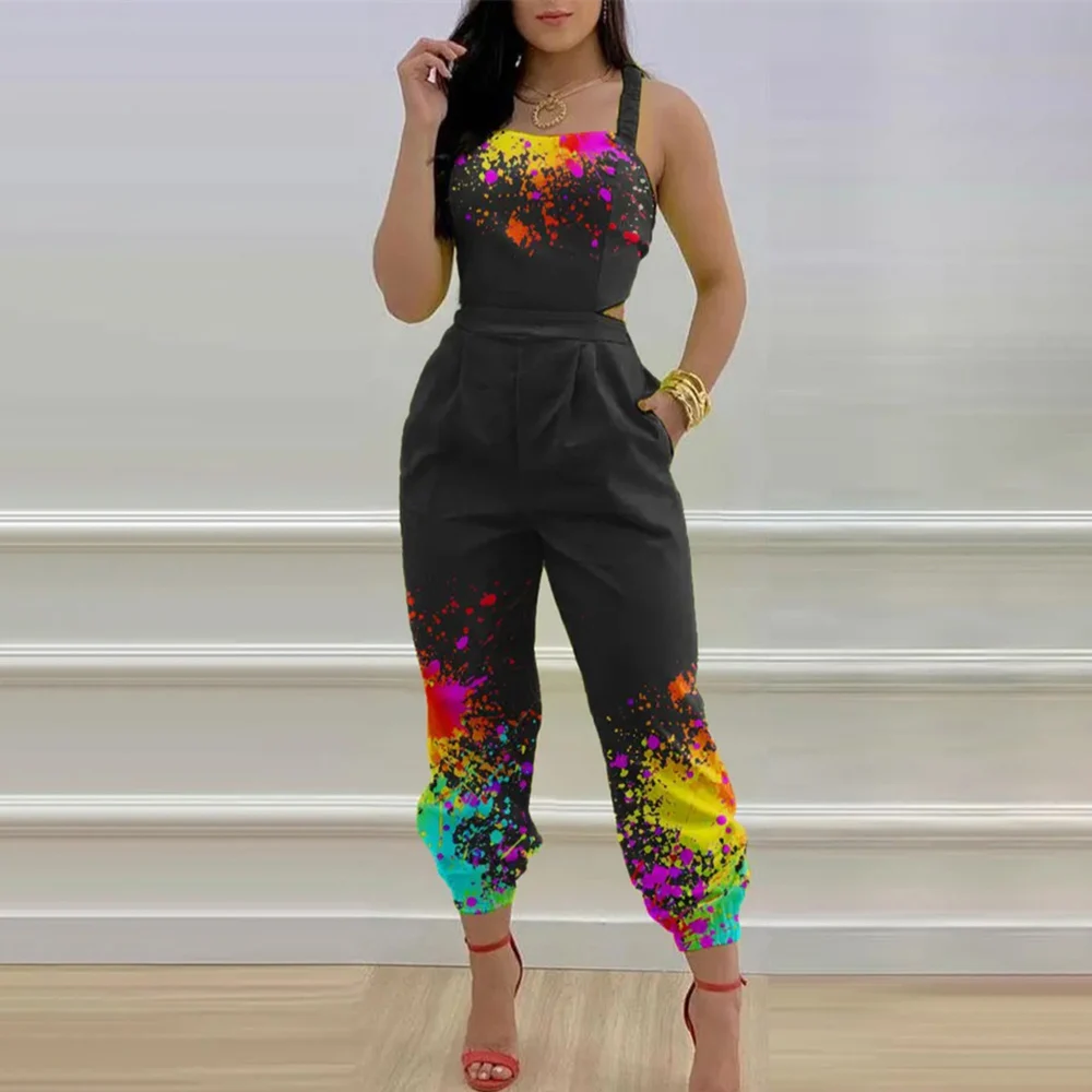Back Hollow Lace Up One Piece Sexy Jumpsuits For Women 2023 Summer Fashion Print Sleeveless Skinny Pants Simple Holiday Bodysuit