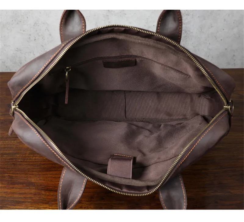 Retro fashion handmade designer crazy horse cowhide men 14 inch coffee briefcase outdoor office laptop computer business handbag