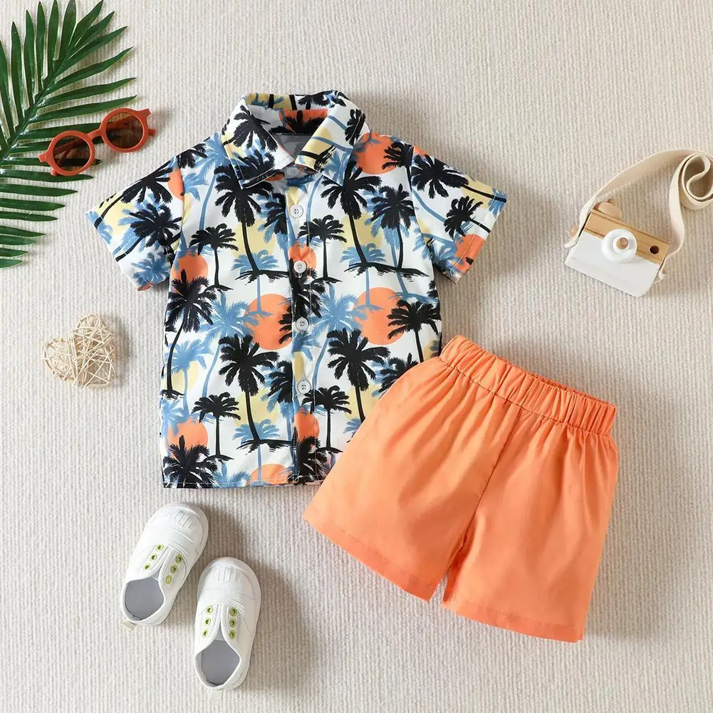 

1-3y Kids Boys Hawaii Print Short Sleeve T-shirt +shorts Clothing Outfit Sets Beach Boy's Pants Casual 2pcs Summer Clothes R9w7