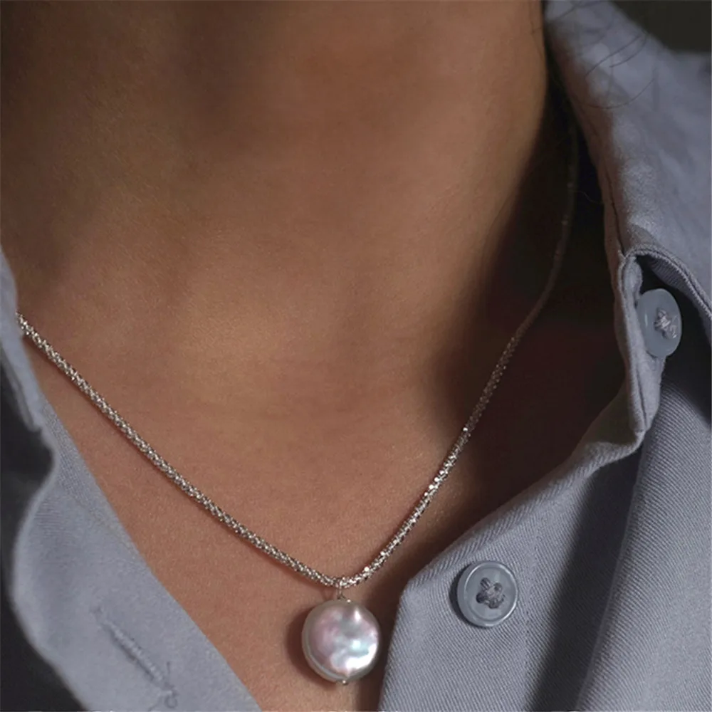 

925 Sterling Silver Women Necklace Baroque Button Shaped Pearl Charm Shinning Clavicle Chain Commute Versatile Luxury Jewelry