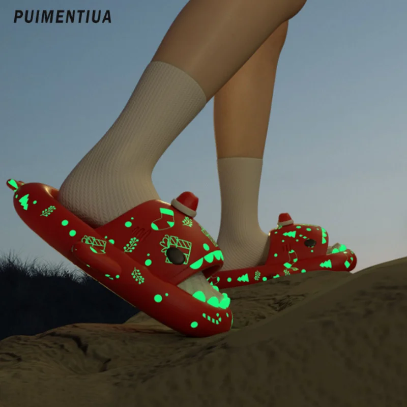 

Christmas Halloween Luminous Shark Slippers For Women Men Summer Home No-Slip Couple Outdoor Cool Indoor Funny Slides Flip Flops