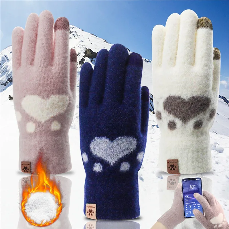 

Зимние теплые перчатки, женские теплые перчатки с милыми кошачьими лапками для сенсорного экрана, женские пушистые перчатки с откидной кры...