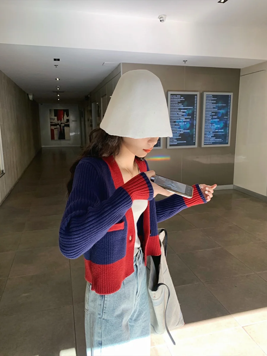 Вязаный кардиган контрастного цвета для женщин поздняя осень ранняя зима