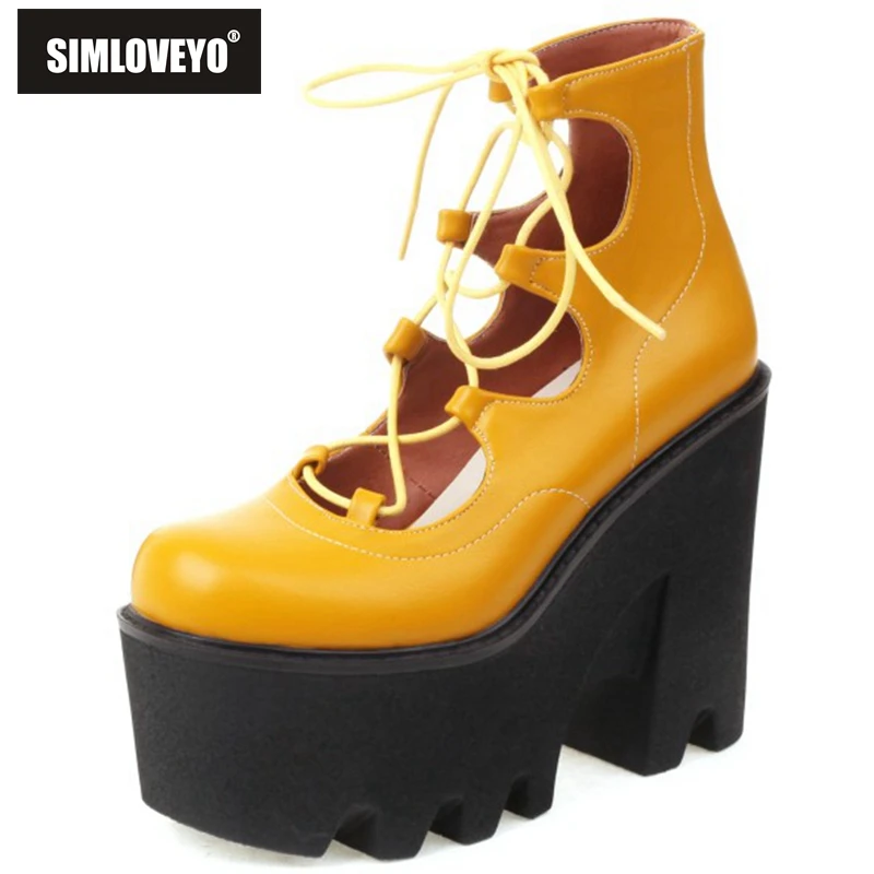 

SIMLOVEYO 2022 Women Platform Shoes Vintage Punk Sandals Round Toe Chunky Heel Lace-Up Rome Plus Size 36-44 Yellow Spring S3392
